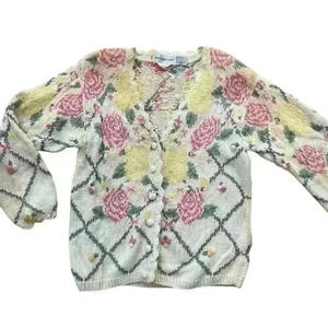 The Eagle’s Eye Vintage Hand Knit Women’s Cardigan Size L White Floral Grandma